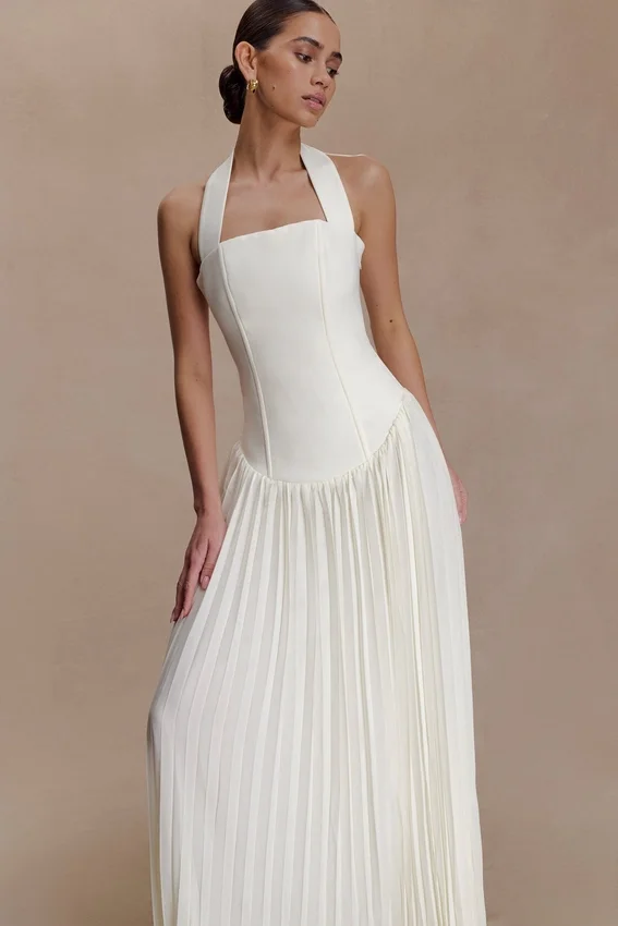 Stacie Pleated Halter Maxi Dress – Ivory Stacie Pleated Halter Maxi Dress – Ivory