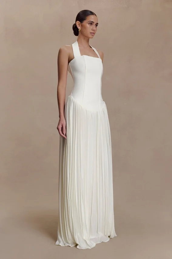 Stacie Pleated Halter Maxi Dress – Ivory Stacie Pleated Halter Maxi Dress – Ivory