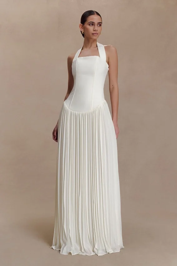 Stacie Pleated Halter Maxi Dress – Ivory Stacie Pleated Halter Maxi Dress – Ivory