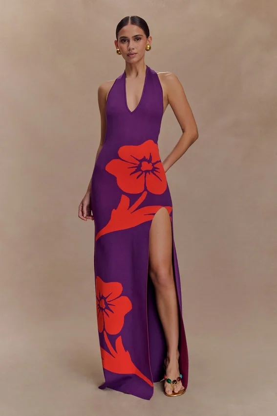 Stacy Knit Halter Maxi Dress – Purple/Red Stacy Knit Halter Maxi Dress – Purple/Red