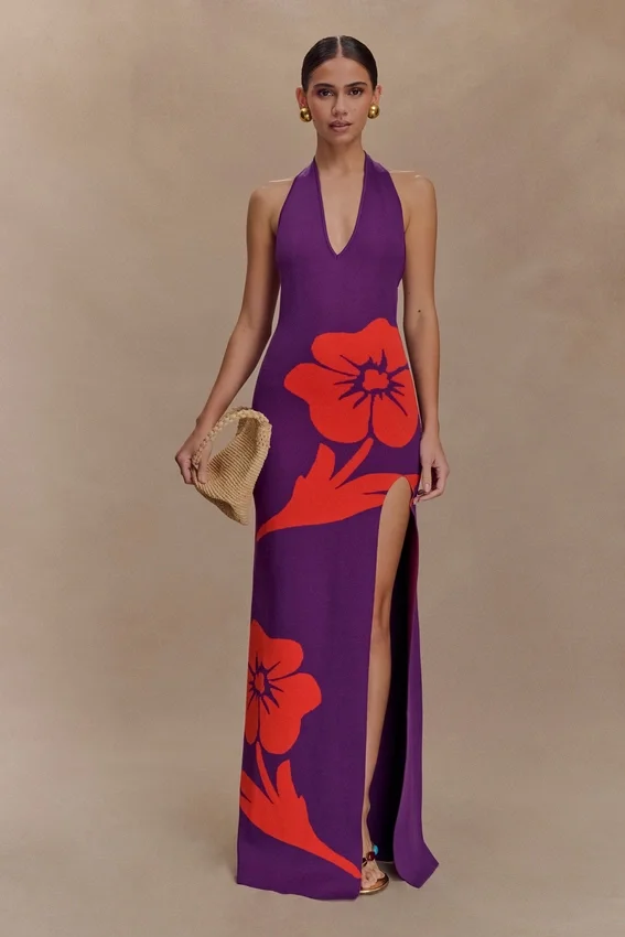 Stacy Knit Halter Maxi Dress – Purple/Red Stacy Knit Halter Maxi Dress – Purple/Red