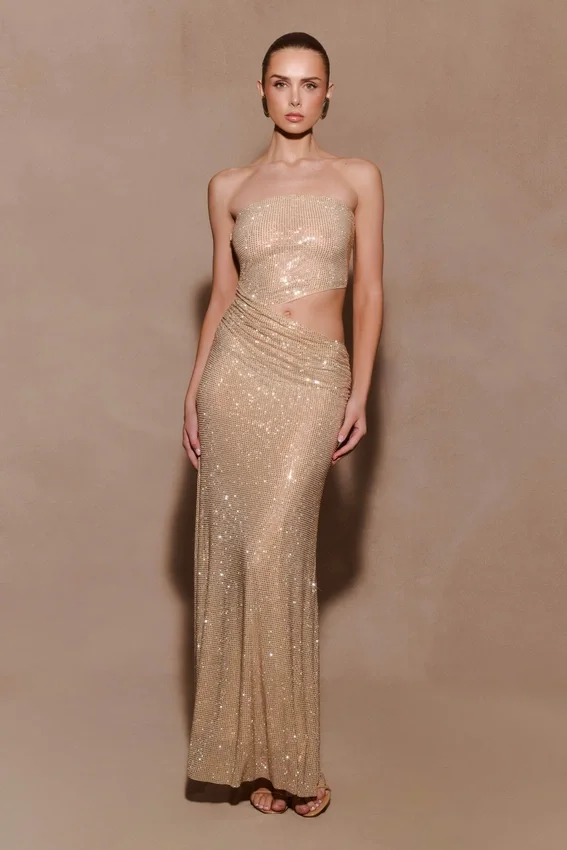 Starla Strapless Diamante Maxi Dress – Gold Starla Strapless Diamante Maxi Dress – Gold