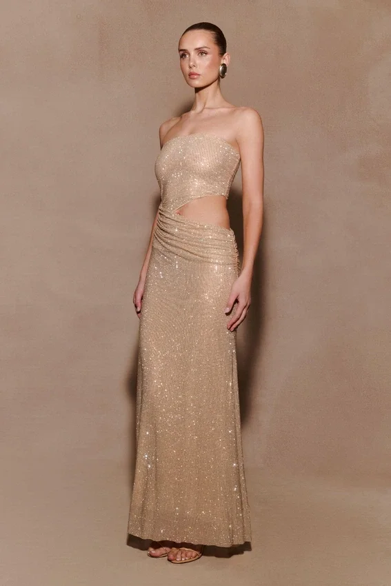 Starla Strapless Diamante Maxi Dress – Gold Starla Strapless Diamante Maxi Dress – Gold