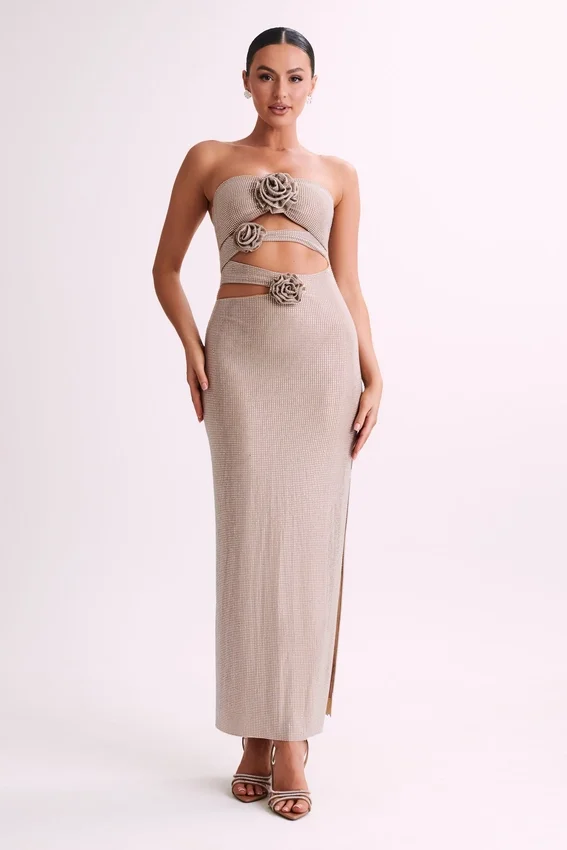 Stassie Strapless Rose Diamante Maxi Dress – Nude Stassie Strapless Rose Diamante Maxi Dress – Nude