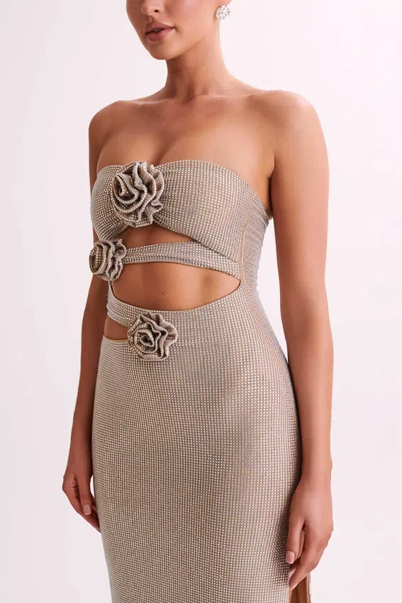 Stassie Strapless Rose Diamante Maxi Dress – Nude Stassie Strapless Rose Diamante Maxi Dress – Nude