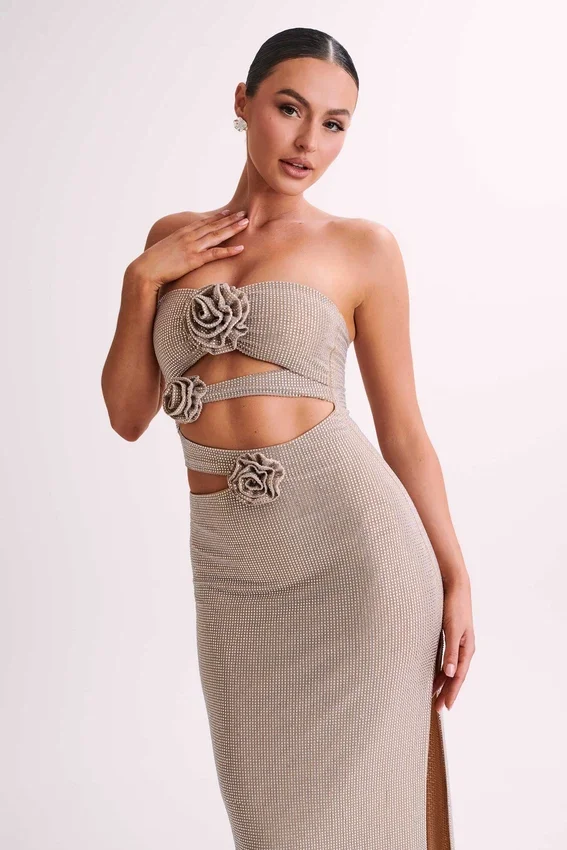 Stassie Strapless Rose Diamante Maxi Dress – Nude Stassie Strapless Rose Diamante Maxi Dress – Nude