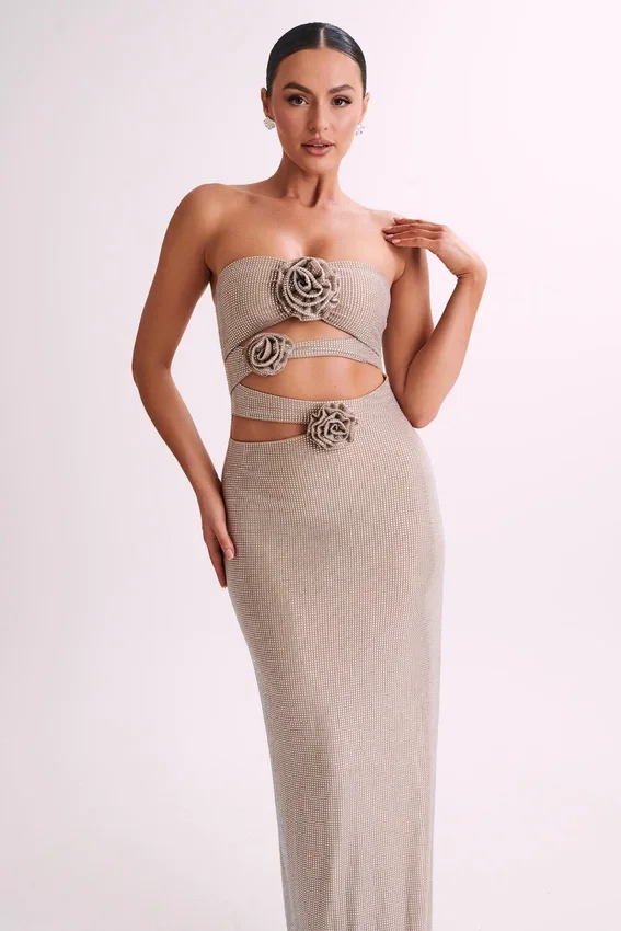 Stassie Strapless Rose Diamante Maxi Dress – Nude Stassie Strapless Rose Diamante Maxi Dress – Nude