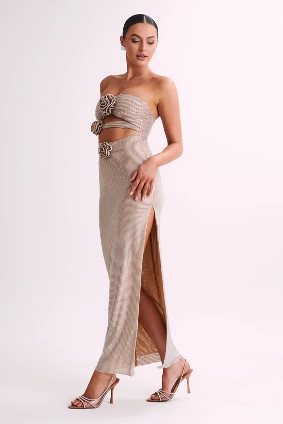 Stassie Strapless Rose Diamante Maxi Dress – Nude Stassie Strapless Rose Diamante Maxi Dress – Nude