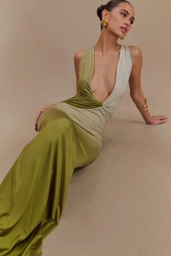 Stella Draped Slinky Maxi Dress – Ombre Vintage Olive Stella Draped Slinky Maxi Dress – Ombre Vintage Olive