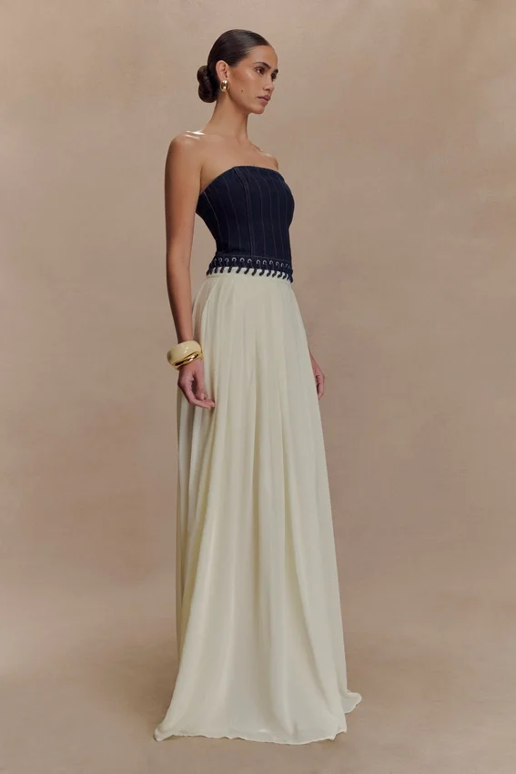 Suella Chiffon Denim Maxi Dress – Indigo Blue Suella Chiffon Denim Maxi Dress – Indigo Blue