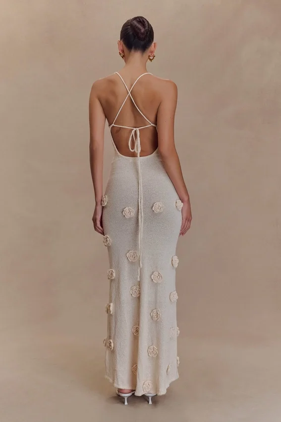 Suki Knit Maxi Dress With Flowers – Nude Suki Knit Maxi Dress With Flowers – Nude