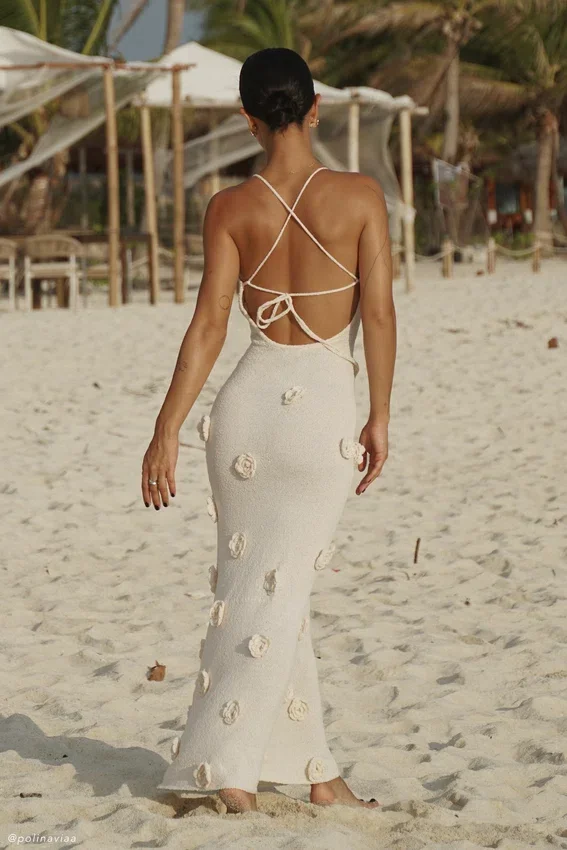 Suki Knit Maxi Dress With Flowers – Nude Suki Knit Maxi Dress With Flowers – Nude