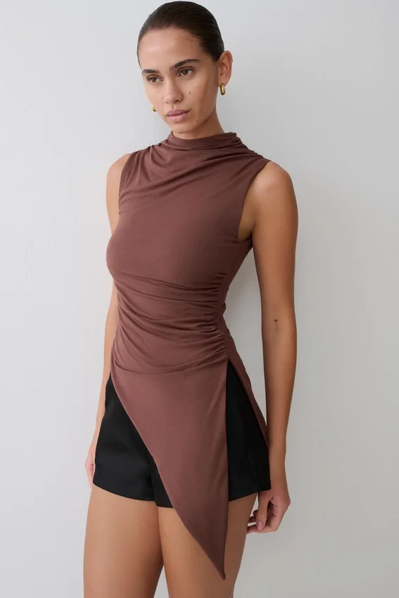 Suong High Neck Gathered Top – Mocha Suong High Neck Gathered Top – Mocha