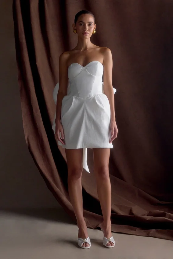 Suzette Taffeta Bow Mini Dress – White Suzette Taffeta Bow Mini Dress – White