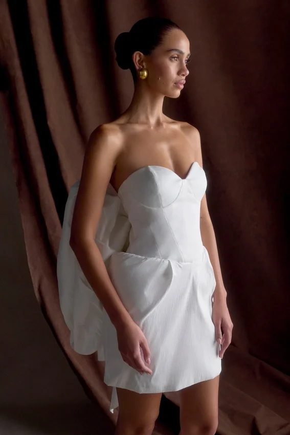 Suzette Taffeta Bow Mini Dress – White Suzette Taffeta Bow Mini Dress – White
