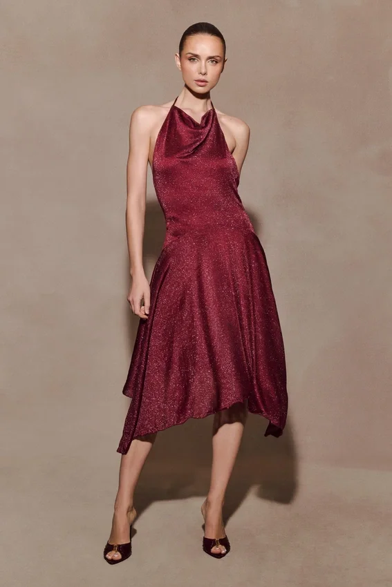 Sylvie Lurex Hankie Midi Dress – Wine Sylvie Lurex Hankie Midi Dress – Wine