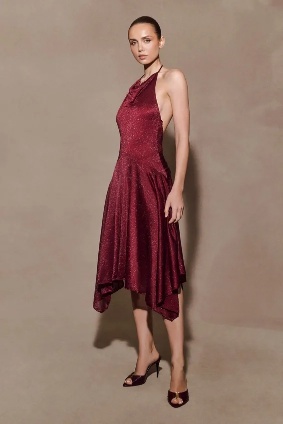 Sylvie Lurex Hankie Midi Dress – Wine Sylvie Lurex Hankie Midi Dress – Wine