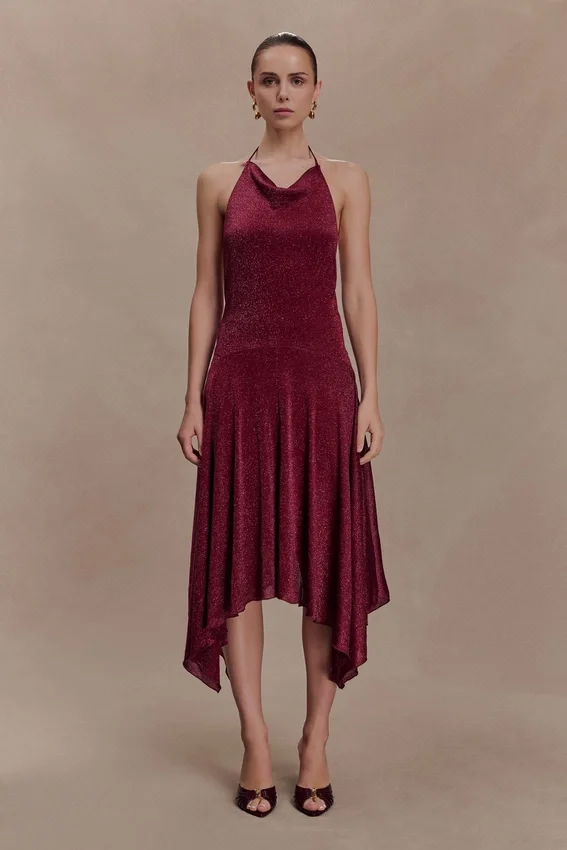 Sylvie Lurex Hankie Midi Dress – Wine Sylvie Lurex Hankie Midi Dress – Wine