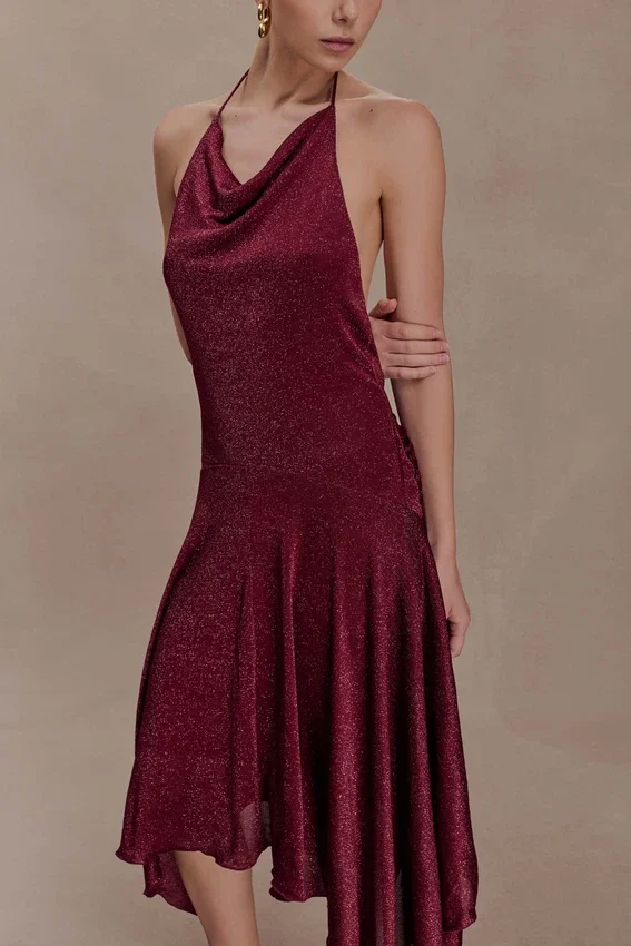 Sylvie Lurex Hankie Midi Dress – Wine Sylvie Lurex Hankie Midi Dress – Wine
