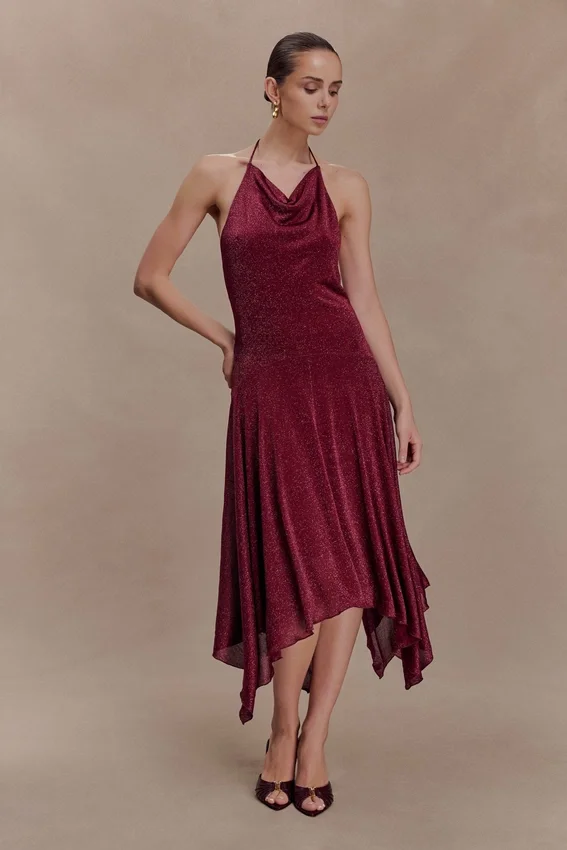 Sylvie Lurex Hankie Midi Dress – Wine Sylvie Lurex Hankie Midi Dress – Wine
