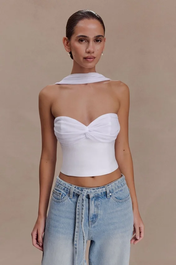 Talia Chiffon And Linen Halter Top – White Talia Chiffon And Linen Halter Top – White