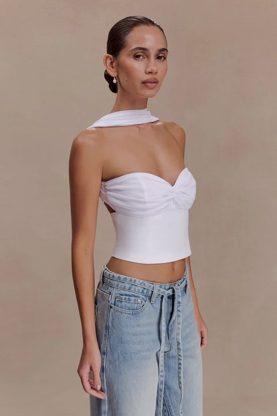Talia Chiffon And Linen Halter Top – White Talia Chiffon And Linen Halter Top – White
