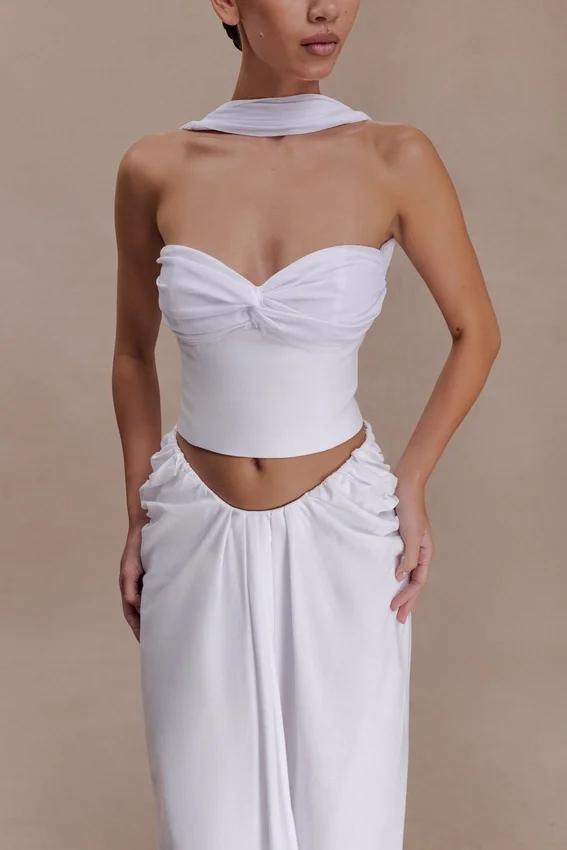 Talia Chiffon And Linen Halter Top – White Talia Chiffon And Linen Halter Top – White