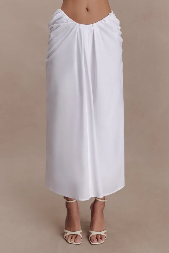 Talia Draped Linen Midi Skirt – White Talia Draped Linen Midi Skirt – White