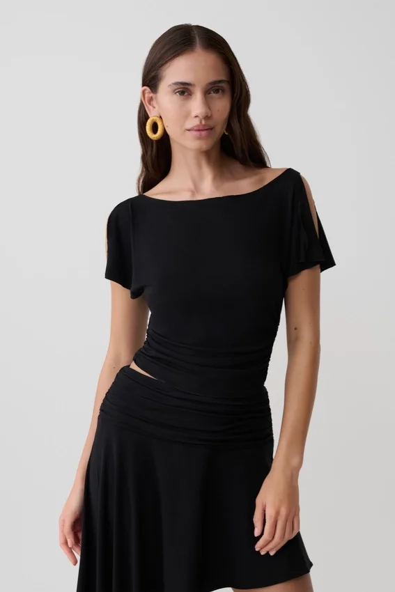 Talise Modal Flounce Short Sleeve Top – Black Talise Modal Flounce Short Sleeve Top – Black