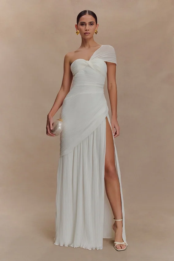 Tamara Shirred Chiffon Midi Dress – White Tamara Shirred Chiffon Midi Dress – White