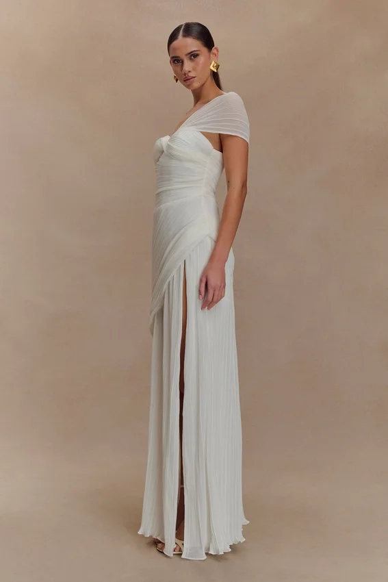 Tamara Shirred Chiffon Midi Dress – White Tamara Shirred Chiffon Midi Dress – White