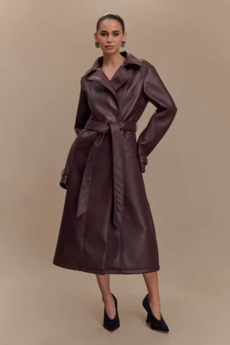 Tarah Faux Leather Trench Coat – Cacao Brown Tarah Faux Leather Trench Coat – Cacao Brown