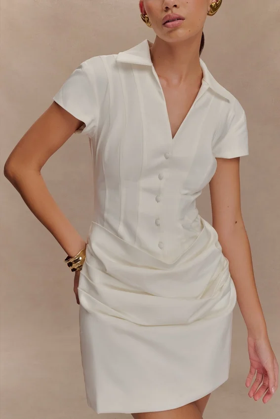 Tarryn Collared Cotton Mini Dress – White Tarryn Collared Cotton Mini Dress – White