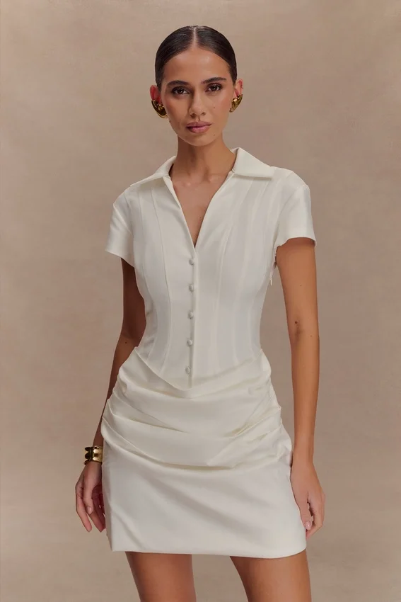 Tarryn Collared Cotton Mini Dress – White Tarryn Collared Cotton Mini Dress – White