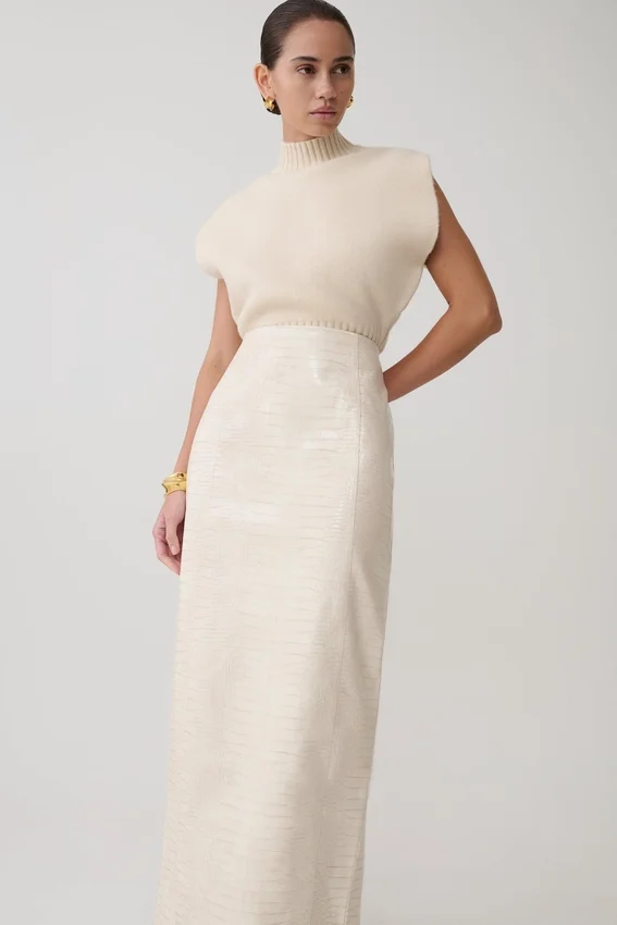 Thalia Croc Faux Leather Midi Skirt – Ivory Thalia Croc Faux Leather Midi Skirt – Ivory