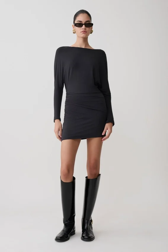 Thao Long Sleeve Gathered Mini Dress – Dark Charcoal Thao Long Sleeve Gathered Mini Dress – Dark Charcoal