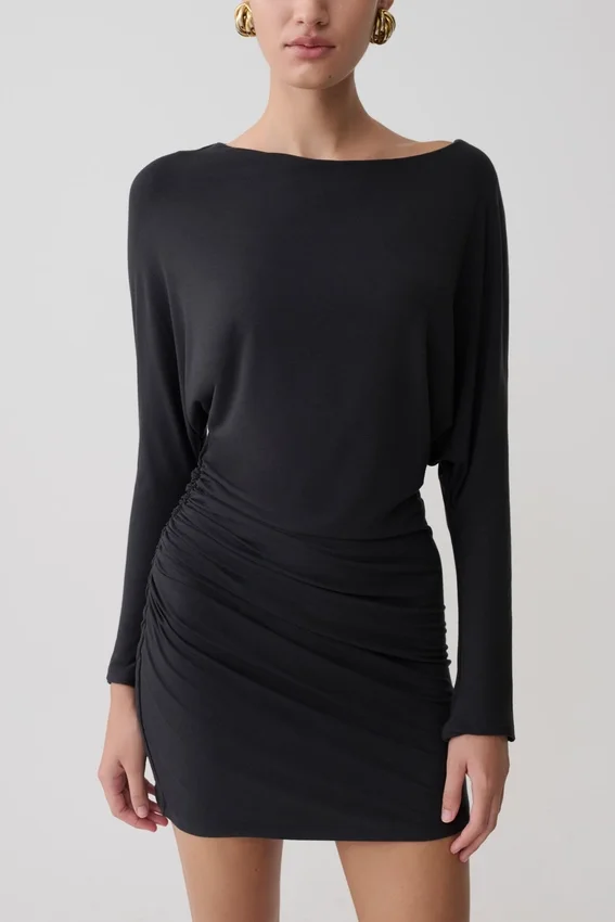 Thao Long Sleeve Gathered Mini Dress – Dark Charcoal Thao Long Sleeve Gathered Mini Dress – Dark Charcoal