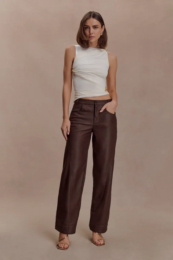 Theo Faux Leather Mid Rise Pants – Dark Chocolate Theo Faux Leather Mid Rise Pants – Dark Chocolate