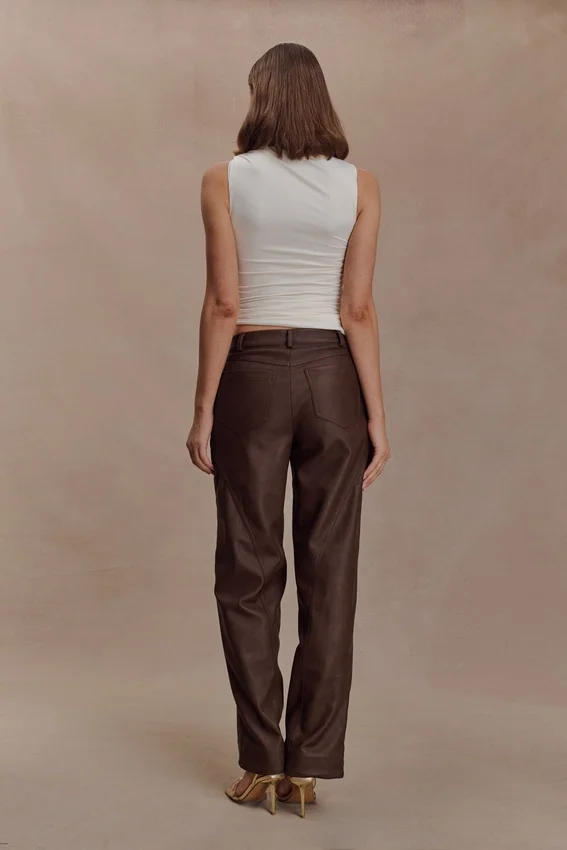 Theo Faux Leather Mid Rise Pants – Dark Chocolate Theo Faux Leather Mid Rise Pants – Dark Chocolate