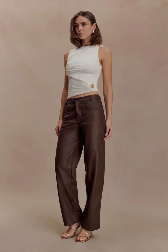 Theo Faux Leather Mid Rise Pants – Dark Chocolate Theo Faux Leather Mid Rise Pants – Dark Chocolate
