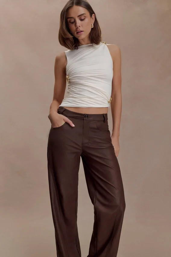 Theo Faux Leather Mid Rise Pants – Dark Chocolate Theo Faux Leather Mid Rise Pants – Dark Chocolate