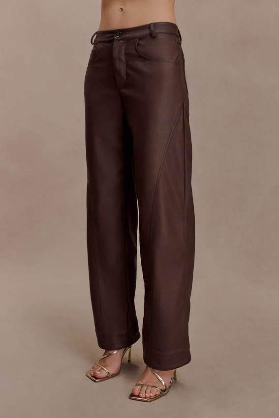 Theo Faux Leather Mid Rise Pants – Dark Chocolate Theo Faux Leather Mid Rise Pants – Dark Chocolate