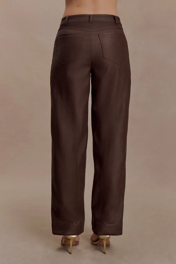Theo Faux Leather Mid Rise Pants – Dark Chocolate Theo Faux Leather Mid Rise Pants – Dark Chocolate