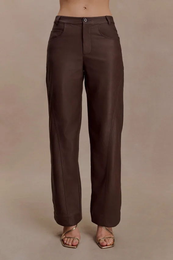 Theo Faux Leather Mid Rise Pants – Dark Chocolate Theo Faux Leather Mid Rise Pants – Dark Chocolate