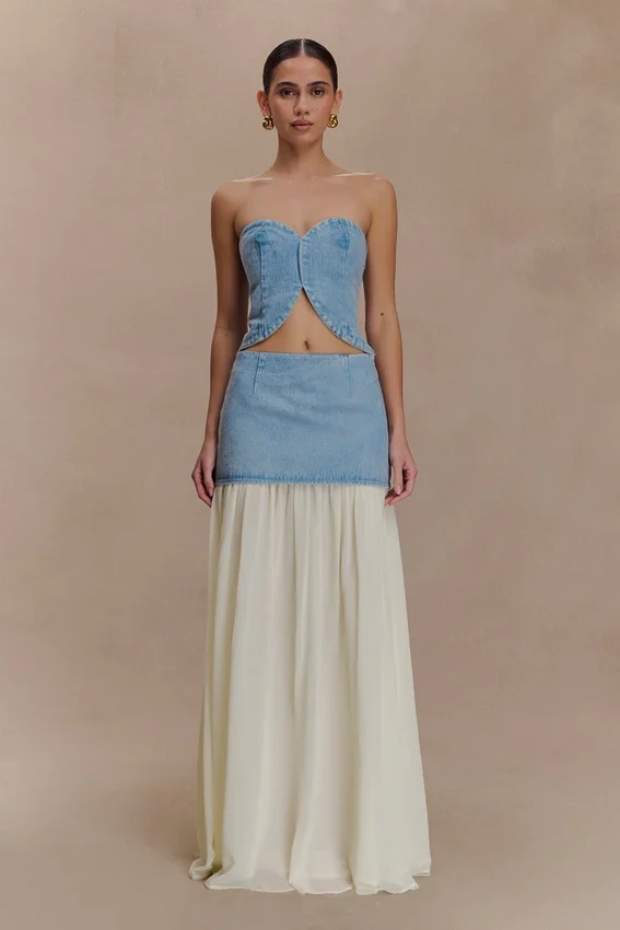 Tully Strapless Topstitch Denim Top – 80’S Blue Tully Strapless Topstitch Denim Top – 80’S Blue
