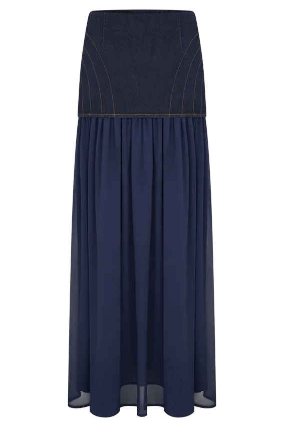 Tully Chiffon Denim Maxi Skirt – Indigo Blue Tully Chiffon Denim Maxi Skirt – Indigo Blue
