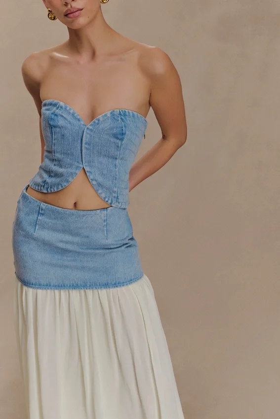 Tully Strapless Topstitch Denim Top – 80’S Blue Tully Strapless Topstitch Denim Top – 80’S Blue