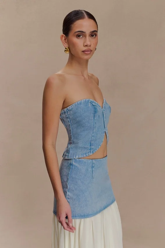 Tully Strapless Topstitch Denim Top – 80’S Blue Tully Strapless Topstitch Denim Top – 80’S Blue