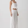 Vivian Tie Waist Embroidered Pant – White