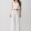 Vivian Tie Waist Embroidered Pant – White